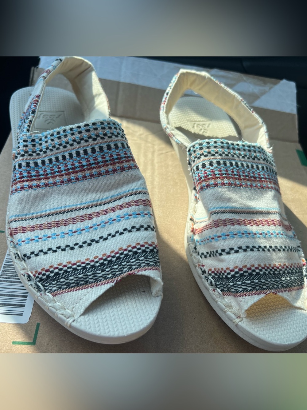 REEF canvas sling backs   in Cream with Red, Blue & Black Accents 7